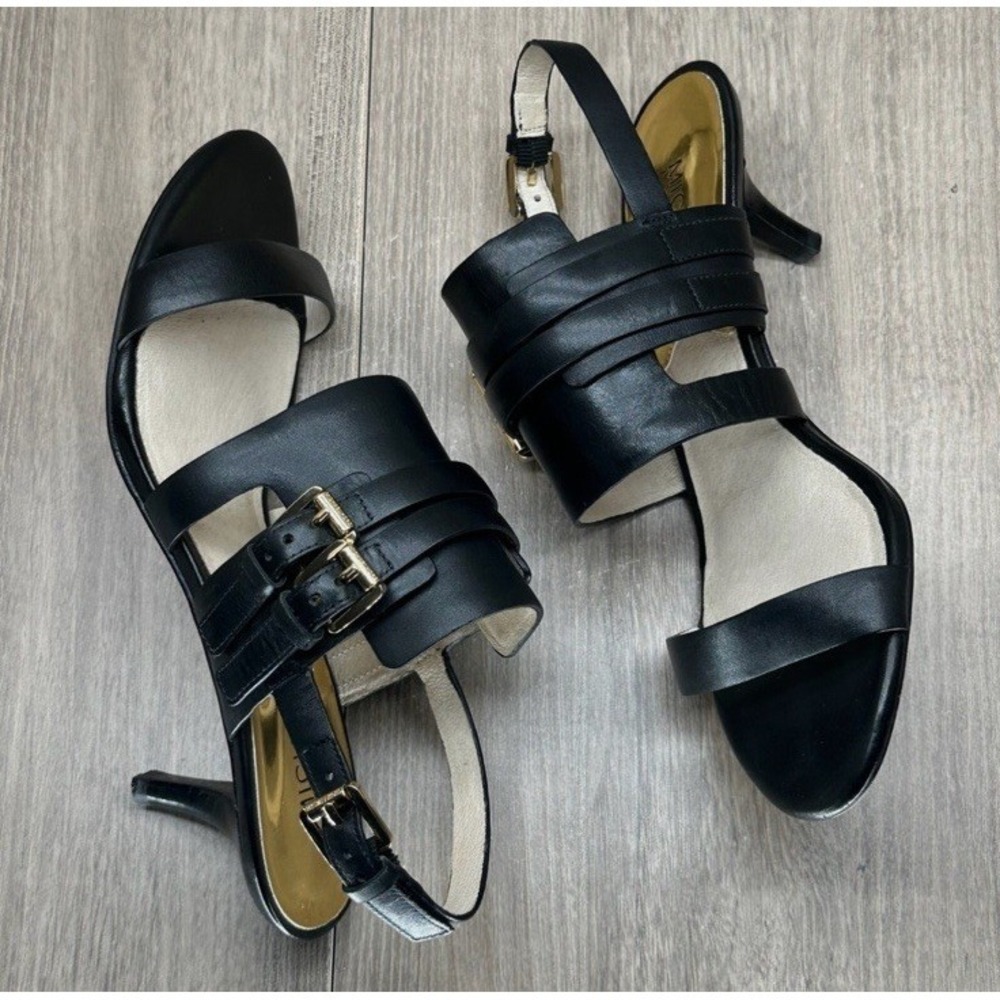 Michael Kors Sandals Sz 11 Melanie Gold Buckle Slingback Stiletto Leather Black - Picture 9 of 16